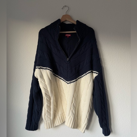 Staud Navy & Cream Half-Zip Cable Knit Sweater - Picture 4 of 12